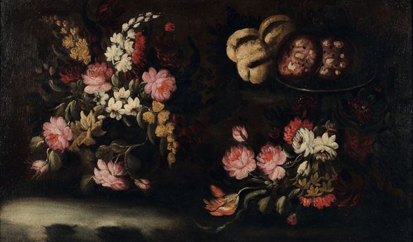 Giuseppe Pesci - Giuseppe Pesci (Parma ?-1722), attribuito a Natura morta con vasi di fiori e tasso