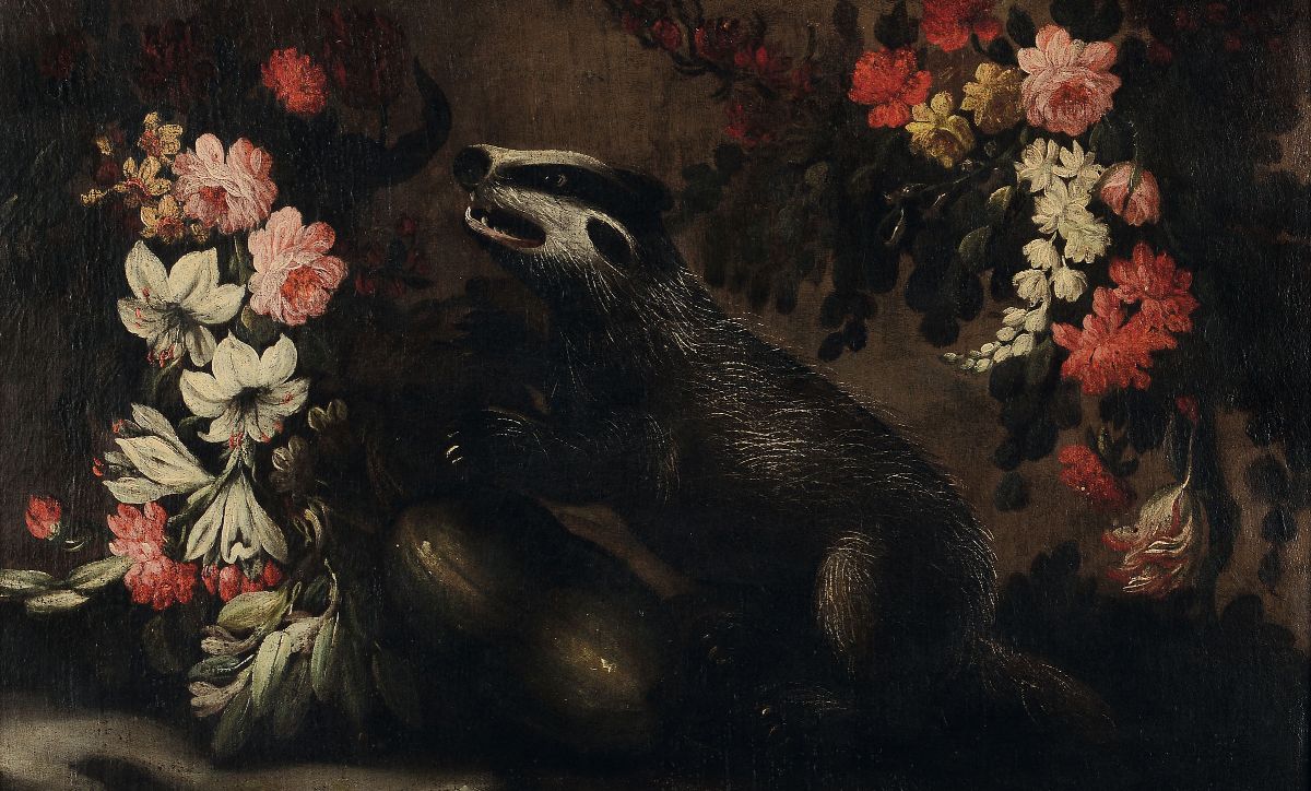 Giuseppe Pesci - Attribuito a Natura Morta con Vasi di Fiori e Tasso