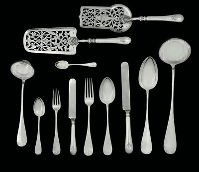 Servizio di Posate in Argento Entro Custodia in Legno, Manifattura Austro-ungarica del XIX-XX Sec...