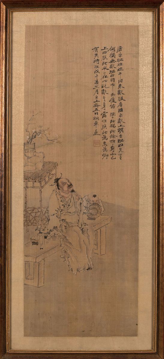 Dipinto su seta raffigurante saggio con discepolo e iscrizione, Cina, XX secolo