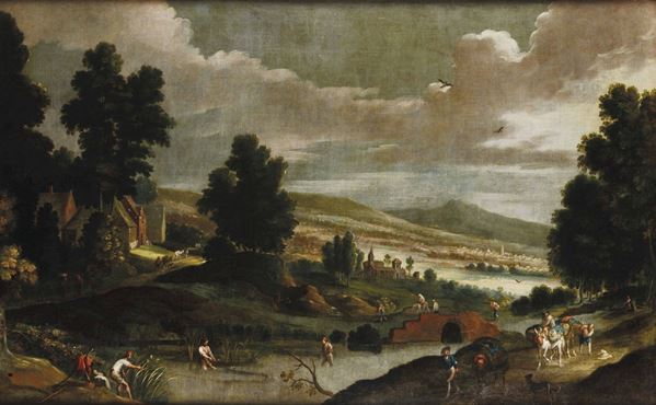 Lucas de Wael (Anversa 1591-1661) Paesaggio con viandanti e pescatori