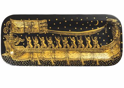 Piero Fornasetti, Vassoio rettangolare in metallo smaltato con decoro di nave da parata
