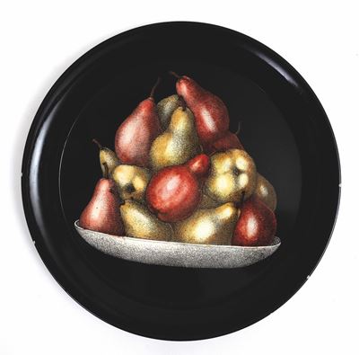 Piero Fornasetti, Vassoio tondo in metallo smaltato con decoro a cesta di frutta