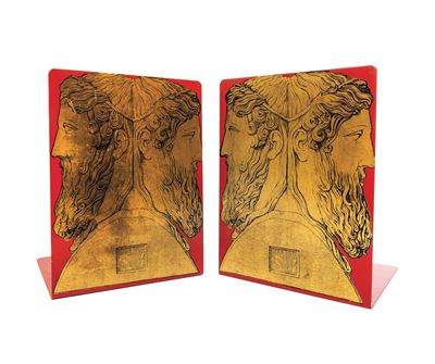 Piero Fornasetti, Coppia di fermalibri con Giano bifronte, metallo smaltato (Milano, 1950 ca.)