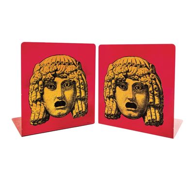 Piero Fornasetti, Coppia di fermalibri in metallo smaltato (Milano, 1950 ca.)