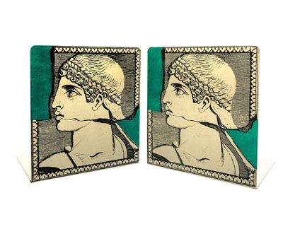 Fornasetti, Coppia di fermalibri con decoro a profilo archeologico, metallo smaltato