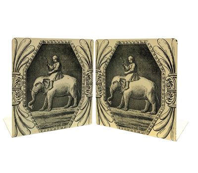 Piero Fornasetti, Fermi libri in metallo smaltato con decorazione figurativa, Milano 1950 circa