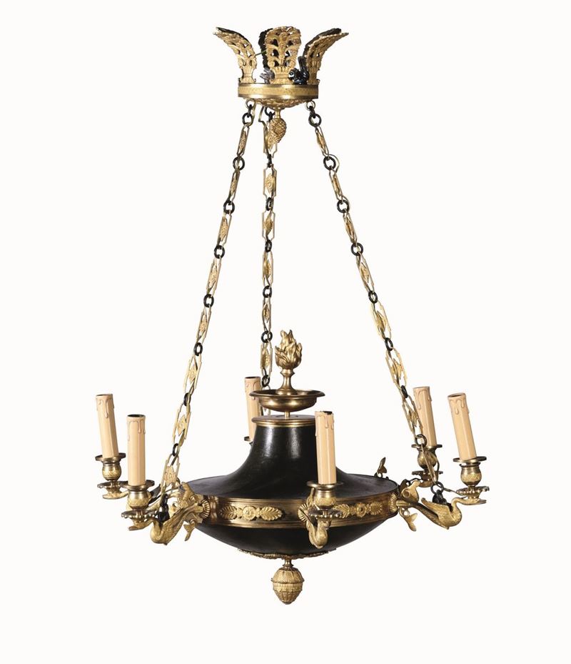 Lampadario in bronzo dorato e patinato a sei luci, XIX secolo  - Asta Antiquariato e dipinti  IV | Asta a Tempo - Cambi Casa d'Aste