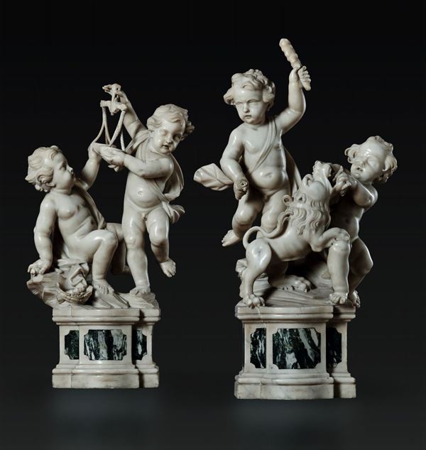Coppia di gruppi allegorici in marmo. Napoli XVIII secolo, attribuiti a Giuseppe Sanmartino (Napoli  [..]