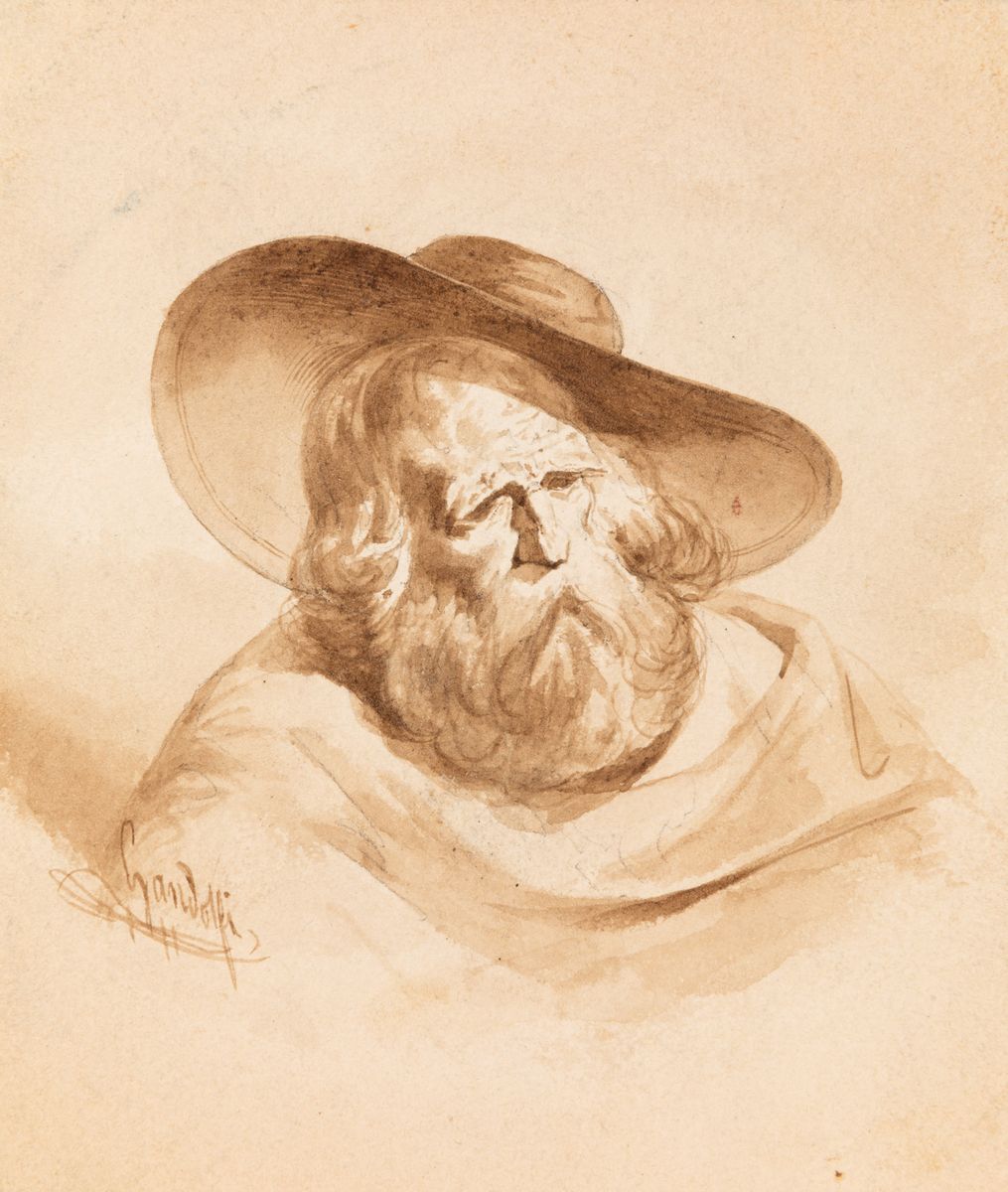 Mauro Gandolfi (bologna 1764-1834) Testa D'uomo Barbuto con Grande Copricapo