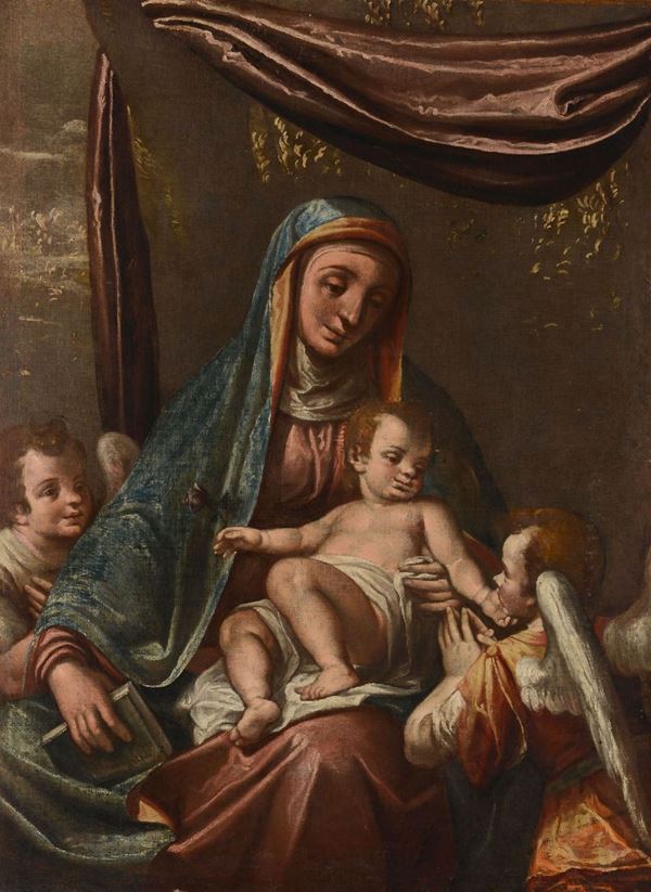 Scuola del XVII secolo Madonna con Bambino e due angeli