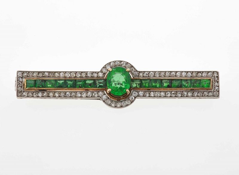 Emerald, diamond, gold and platinum brooch  - Auction Fine Jewels - Cambi Casa d'Aste