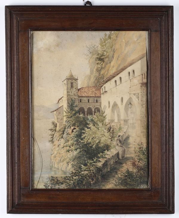 Anonimo del XIX secolo Convento con frate su argine di lago