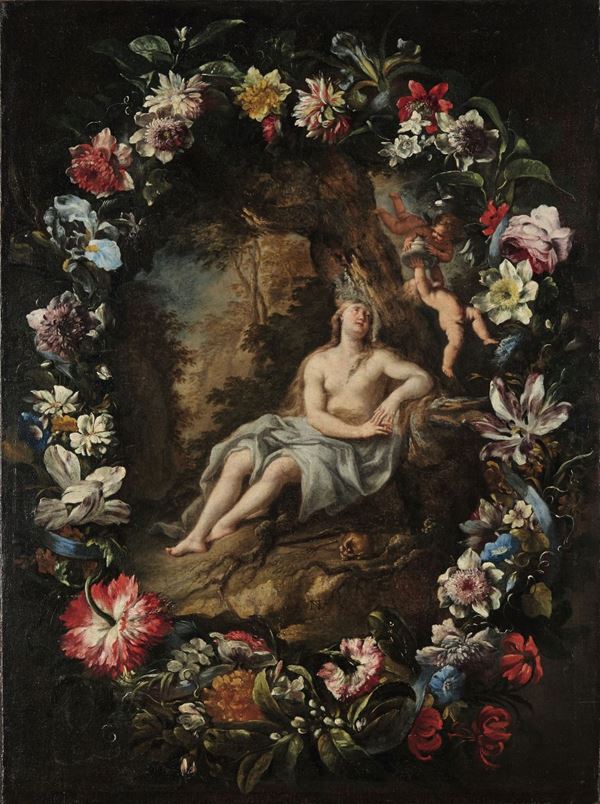 Nicola Vaccaro - Nicola Vaccaro (Napoli 1640-1709) Maddalena penitente entro ghirlanda di fiori