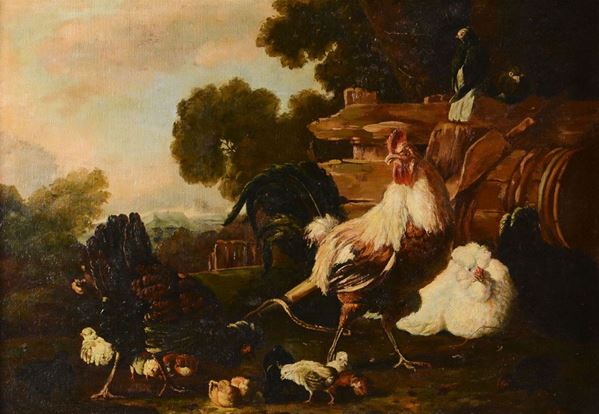 Pittore del XX secolo Paesaggio con pollame