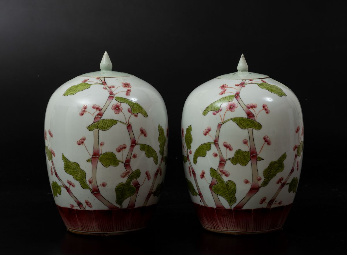 Coppia di Potiches in Porcellana a Smalti Policromi con Decori Vegetali e Iscrizioni, Cina, Inizi...
