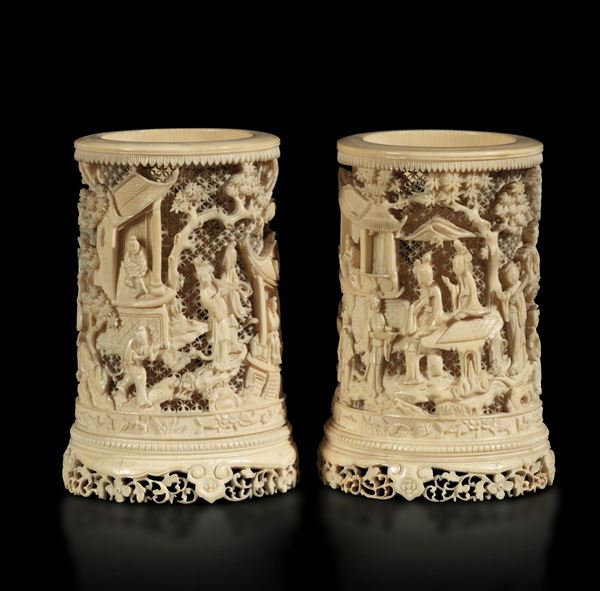 Two ivory brush pots, China, early 1900s