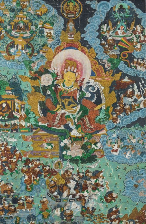 Thangka su seta entro cornice con figura centrale di divinitÃ  e guerrieri, Tibet, XIX secolo