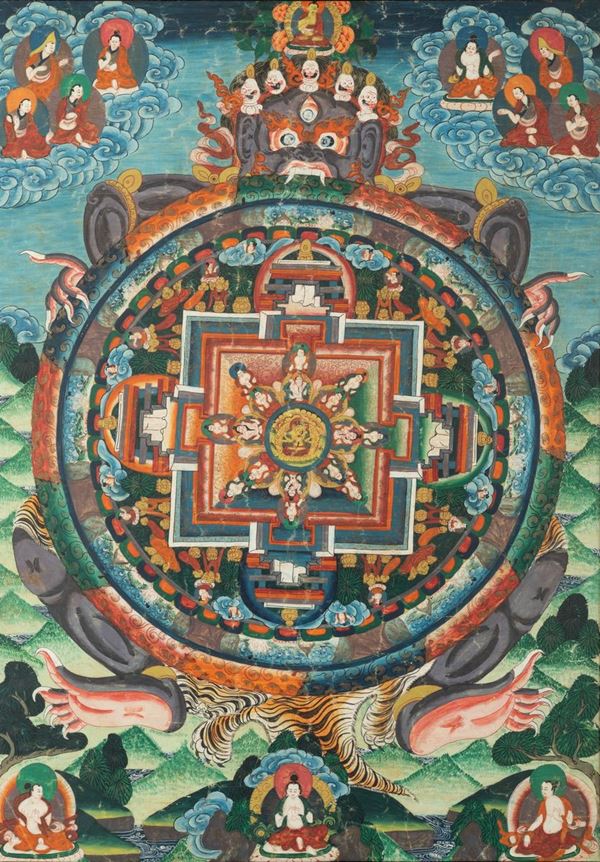 Thangka su seta entro cornice con Mandala centrale, Tibet, XX secolo