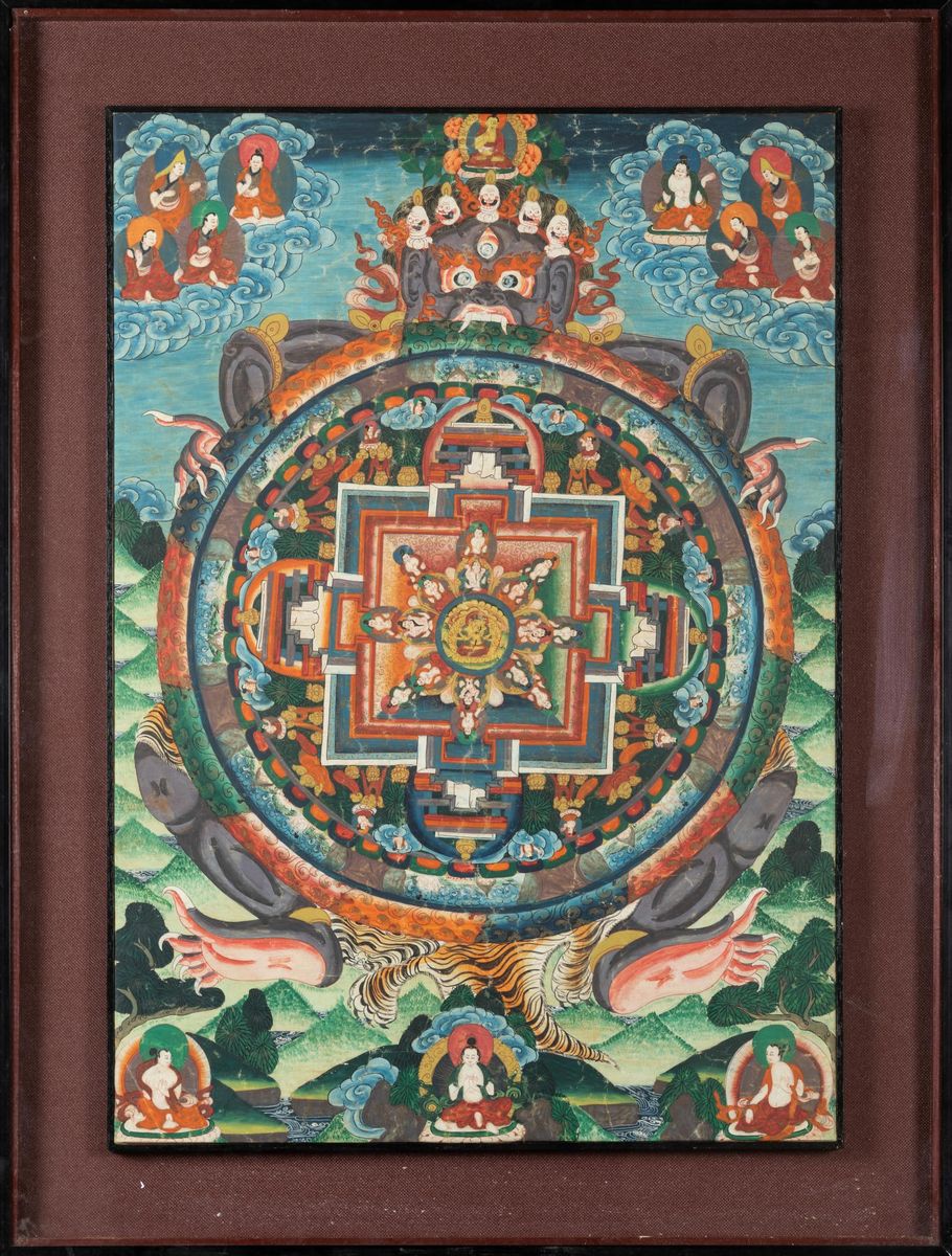 Thangka su Seta Entro Cornice con Mandala Centrale, Tibet, XX Secolo