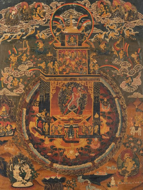 Thangka su seta entro cornice con figura centrale di Nairatmya e altre divinitÃ , Tibet, XX secolo