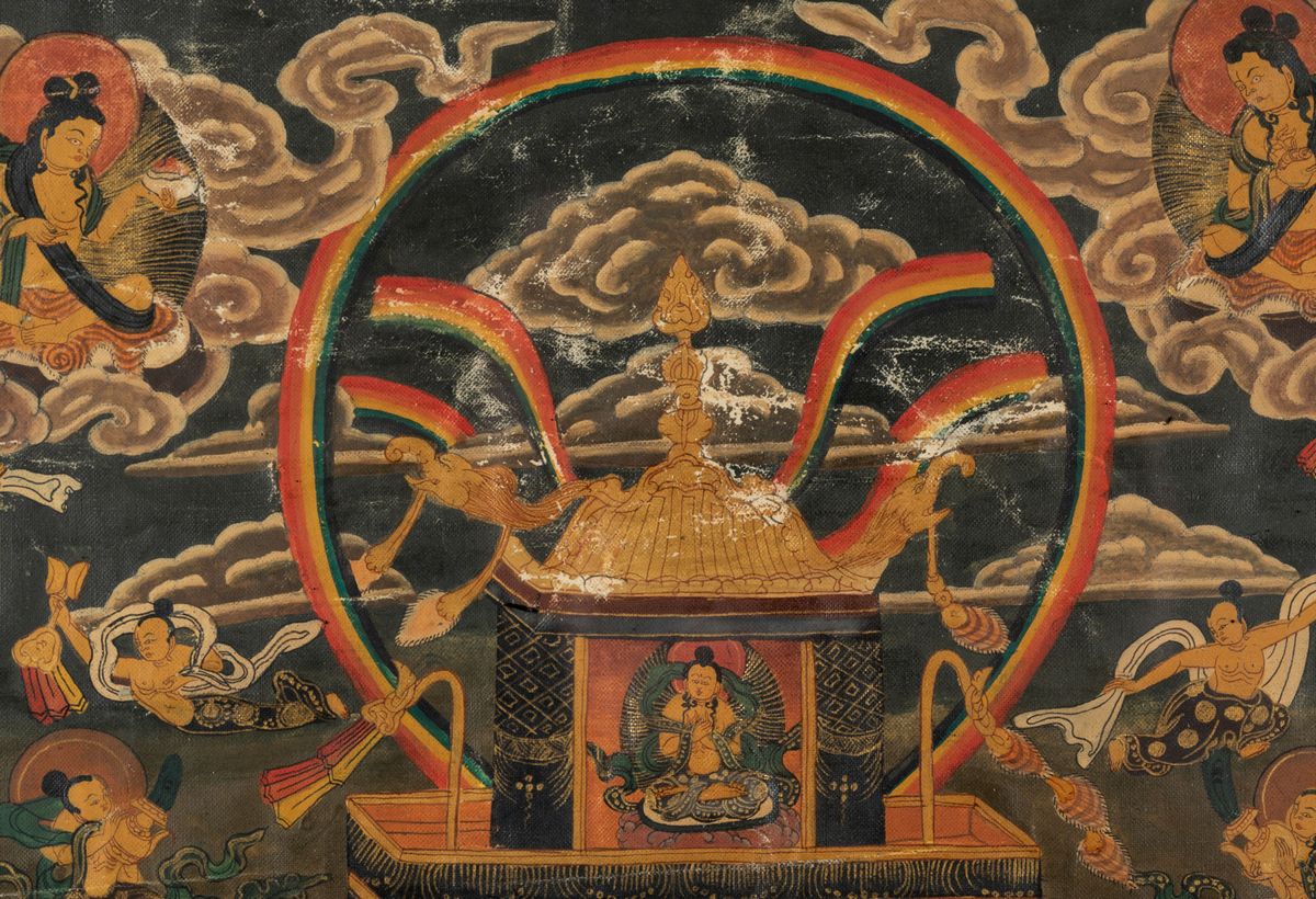 Thangka su Seta Entro Cornice con Figura Centrale di Nairatmya e Altre Divinitã , Tibet, XX Secol...