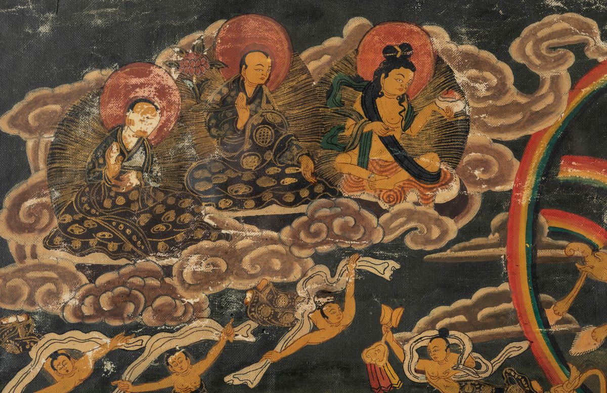 Thangka su Seta Entro Cornice con Figura Centrale di Nairatmya e Altre Divinitã , Tibet, XX Secol...