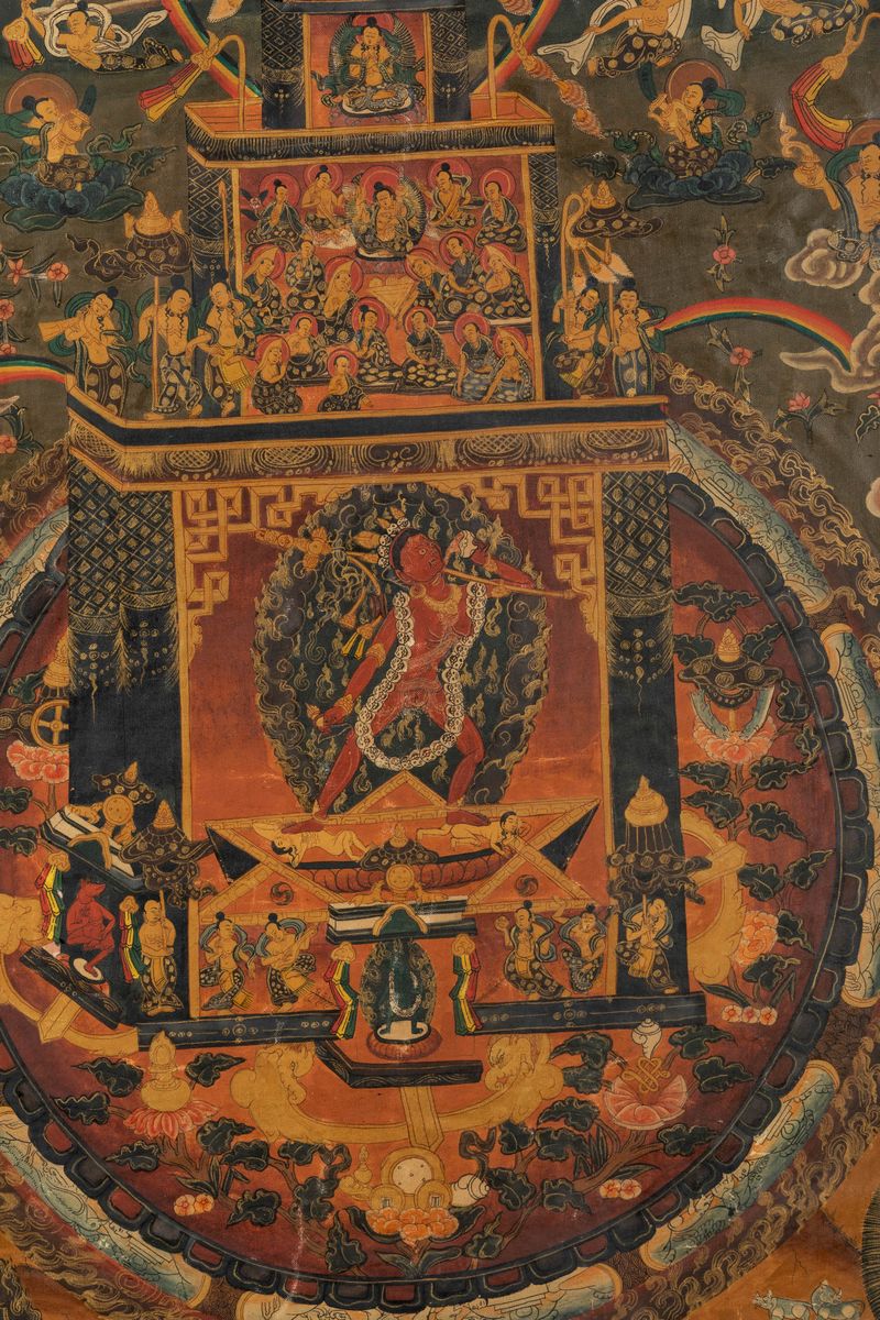 Thangka su Seta Entro Cornice con Figura Centrale di Nairatmya e Altre Divinitã , Tibet, XX Secol...