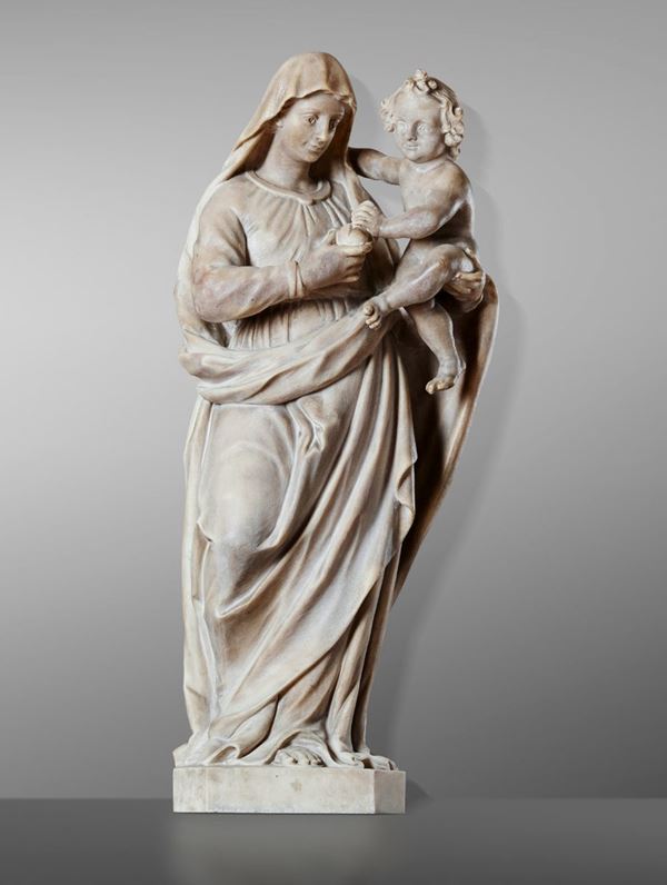 Madonna con Bambino in marmo bianco. Scultore genovese, ambito di Tommaso Orsolino (Genova 1587-1675),  [..]