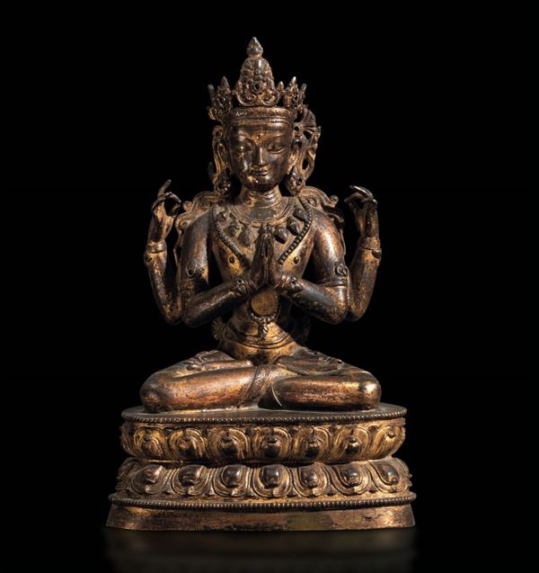 Importante figura di Avalokitesvara seduto su doppio fiore di loto in bronzo dorato, Tibet, XVIII sec [..]