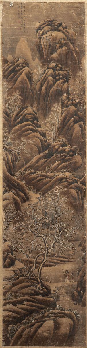 Dipinto su carta raffigurante paesaggio montano con viandanti e iscrizione, Cina, Dinastia Qing, XIX secolo