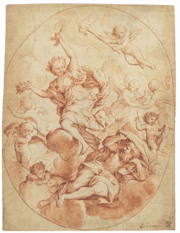 Giovanni Francesco Romanelli - Giovanni Francesco Romanelli (Viterbo 1610-1662) Allegoria dell'Aurora che trionfa sull'ozio accompagnata dalla scienza (r) Studio di nudo maschile ed altre figure (v)