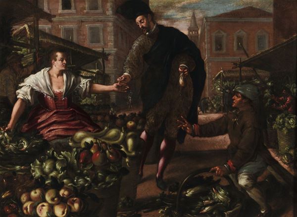 Dirck de Vries (1540 ca. - 1617 ca.), attribuito a Il mercato della verdura