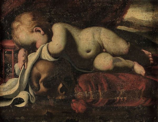 Luigi Miradori - Luigi Miradori detto il Genovesino (Genova 1605 - Cremona 1659), ambito di Vanitas con Bambino dormiente, teschio e clessidra