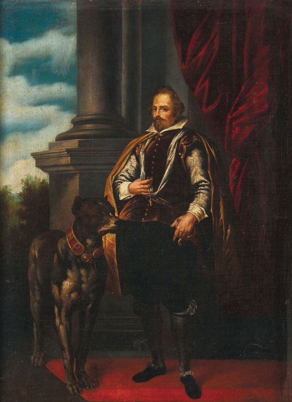 Scuola fiamminga del XVII secolo Ritratto di gentiluomo con cane
