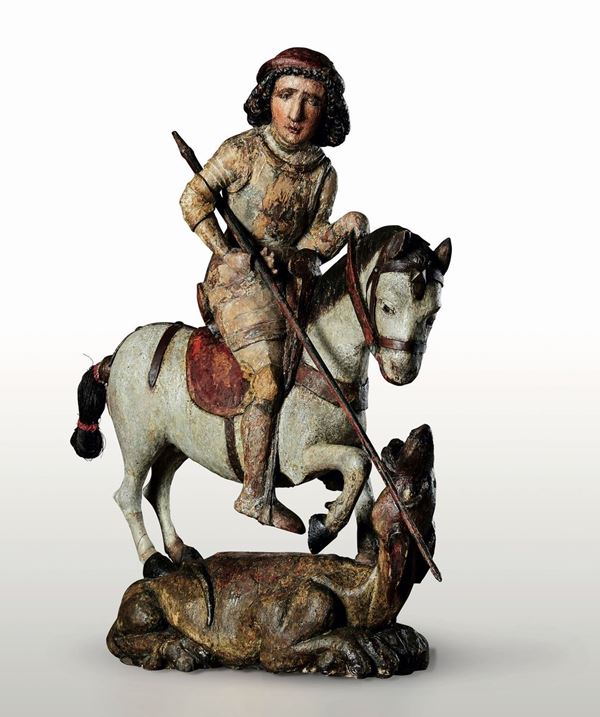 San Giorgio a cavallo che uccide il drago. Scultore rinascimentale dell’area alpina, Tirolo (?) XVI secolo