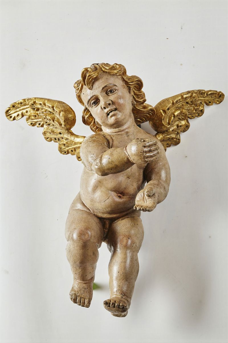 Due Putti in Legno Policromo e Dorato. Scultore Barocco Dell'italia Centrale Operante nel XVII Se...