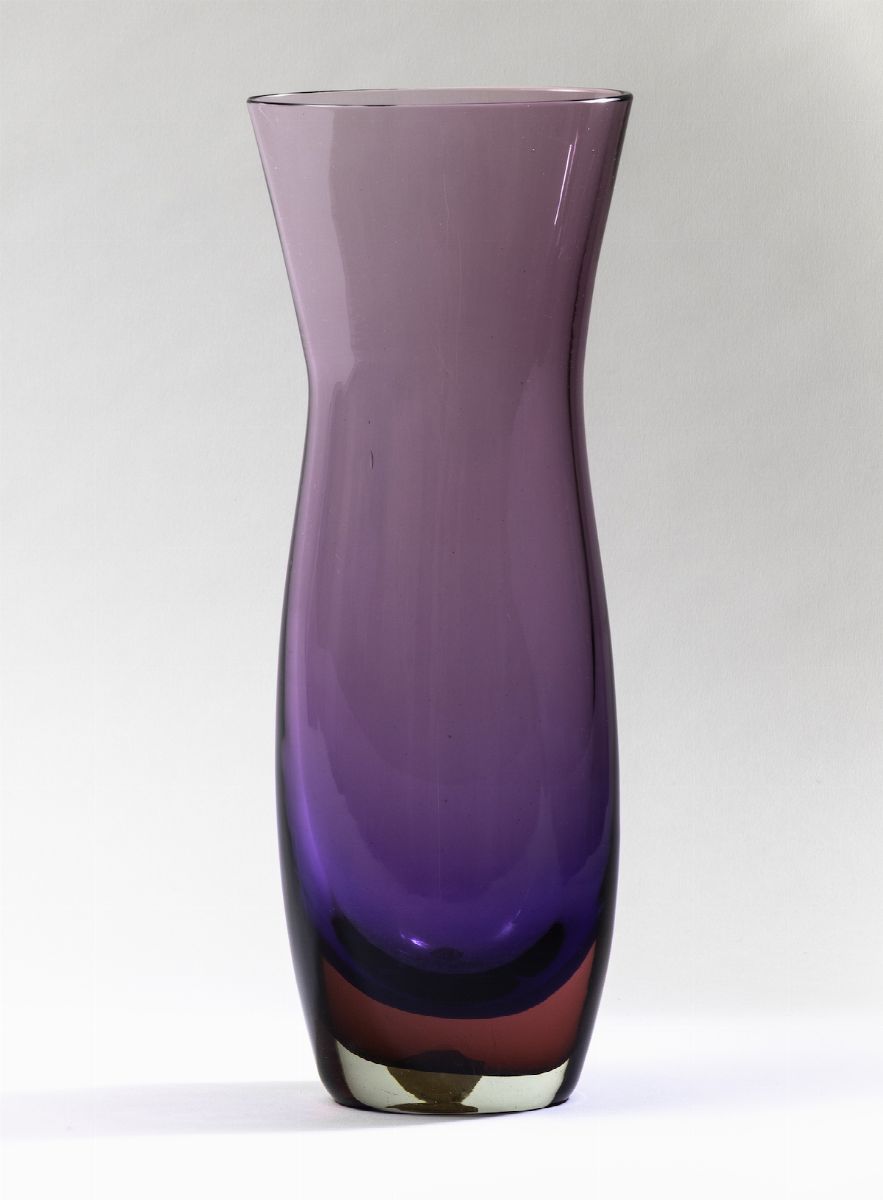 Flavio Poli, Vaso Seguso Vetri d’Arte in vetro sommerso blu e rubino (Murano, 1950 ca.)