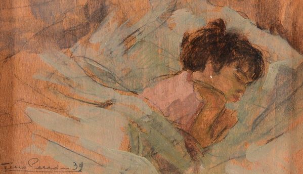 Tino Pelloni (1895-1981) Bozzetto con bambino dormiente