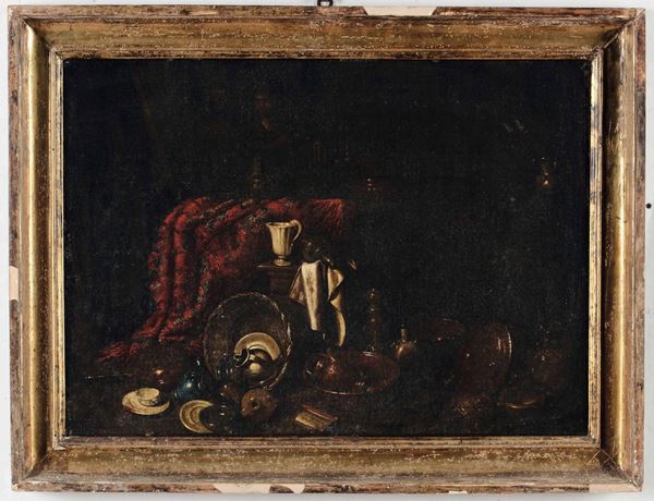 Scuola emiliana del XVIII secolo Natura morta con tappeto rosso