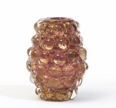 Barovier & Toso, Vaso romboidale a lenti in vetro sommerso viola e cristallo con foglia d’oro