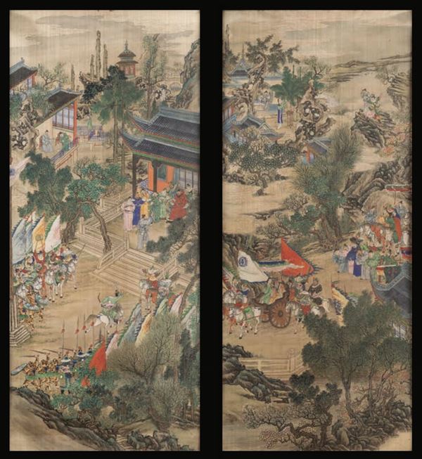 Coppia di dipinti su seta raffiguranti scene di vita di corte con dignitari e cavalieri, Cina, Dinastia Qing, epoca Jiaqing (1796-1820)