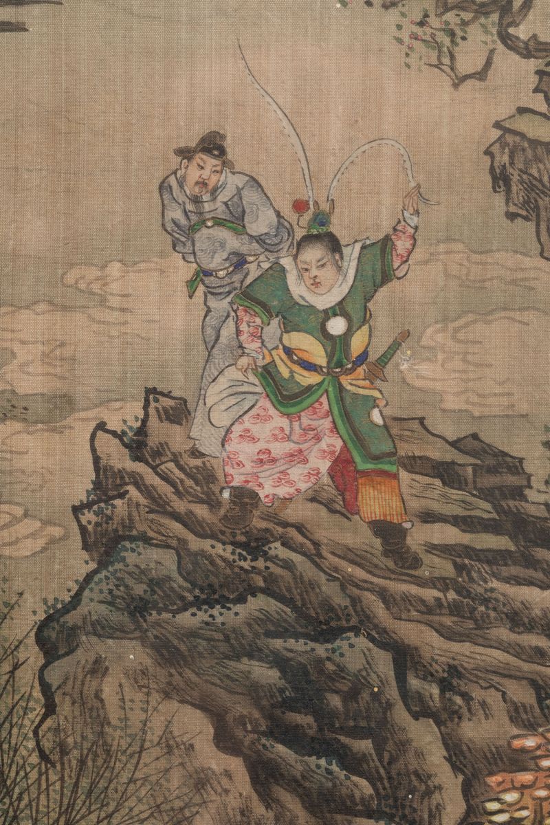 Coppia di Dipinti su Seta Raffiguranti Scene di Vita di Corte con Dignitari e Cavalieri, Cina, Di...