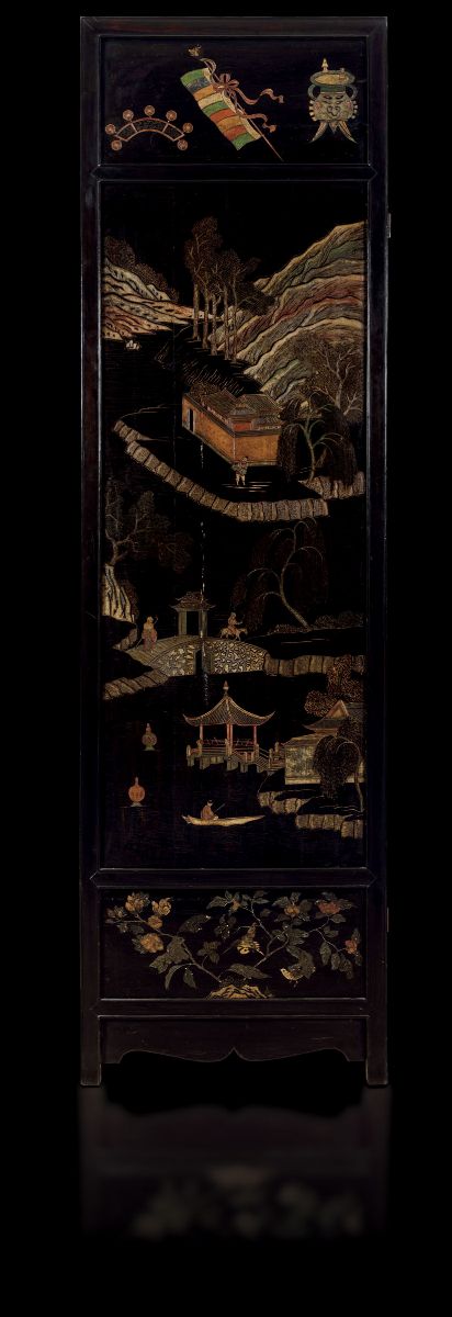 Paravento Coromandel a Sei Ante in Legno Laccato Raffigurante Scene di Vita Comune e Decori Flore...