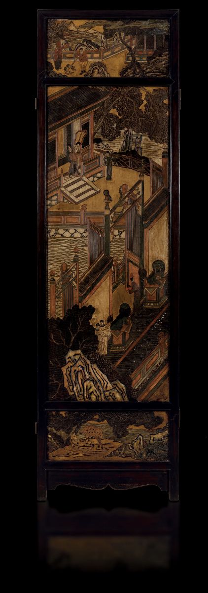 Paravento Coromandel a Sei Ante in Legno Laccato Raffigurante Scene di Vita Comune e Decori Flore...