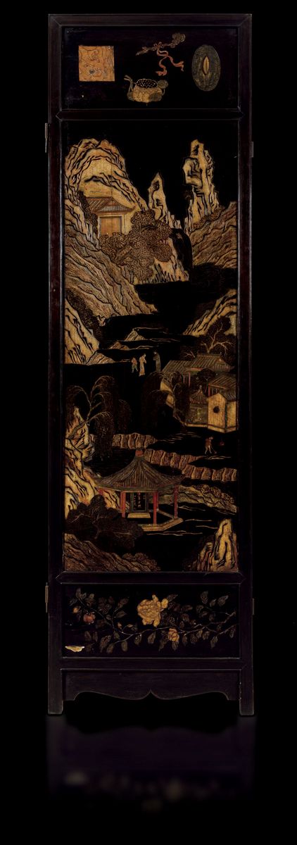 Paravento Coromandel a Sei Ante in Legno Laccato Raffigurante Scene di Vita Comune e Decori Flore...
