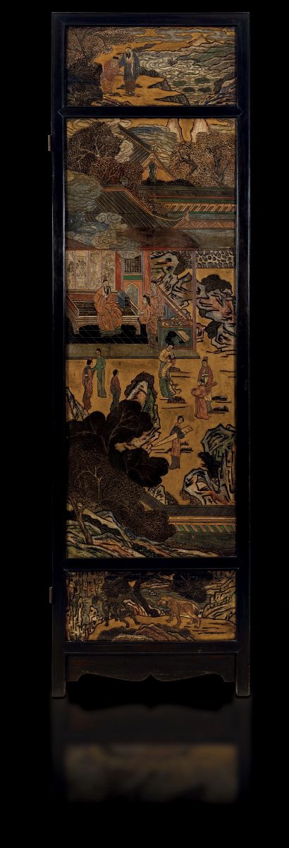 Paravento Coromandel a Sei Ante in Legno Laccato Raffigurante Scene di Vita Comune e Decori Flore...