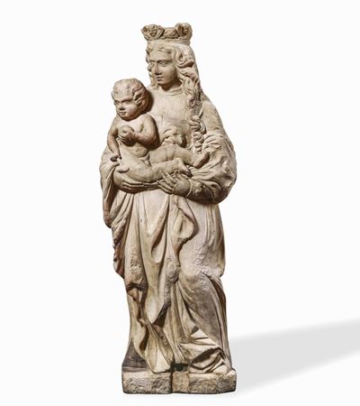 Madonna con Bambino. Pietra con Tracce di Policromia. Arte Fiamminga del XVI Secolo