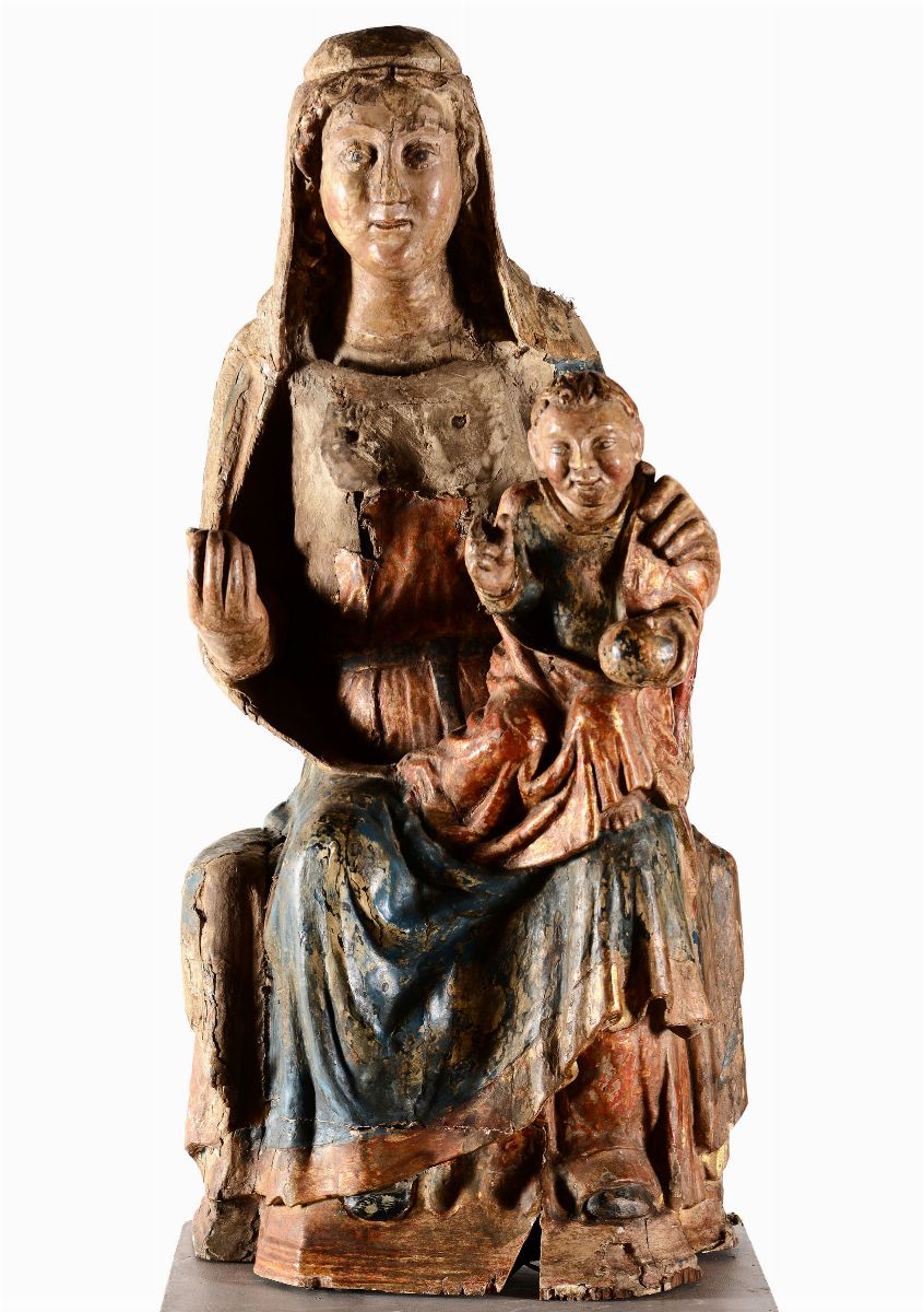 Madonna in Trono con Bambino. Legno Policromo. Scultore Gotico Dell’italia Centrale, Marche (?) X...
