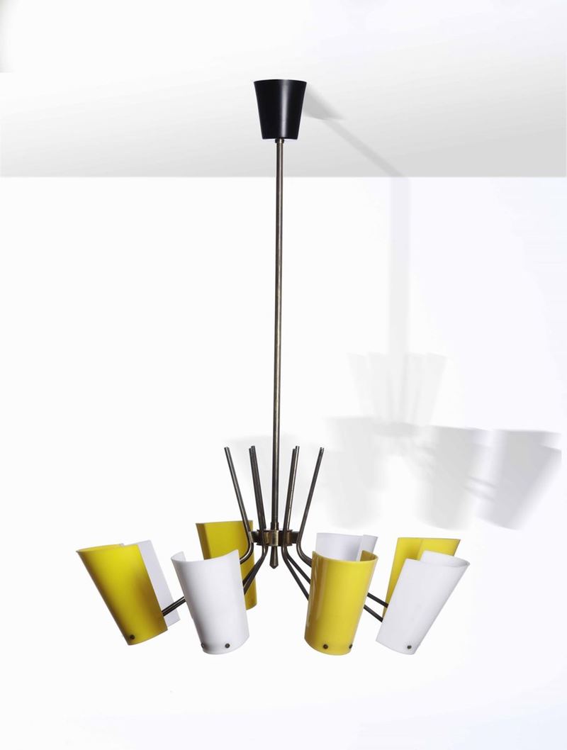 Lampada a sospensione con struttura in ottone e diffusori in perspex.  - Auction Design Lab - Cambi Casa d'Aste